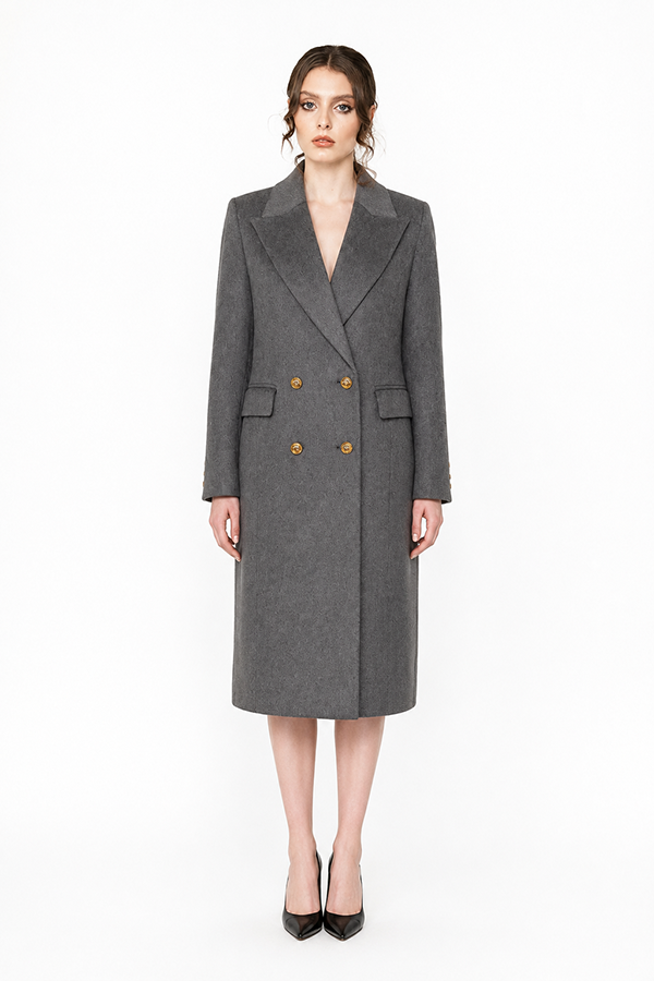 Women's Asterra Longline Coat with peak lapels and long tailored fit.