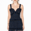 Midnight blue fringe mini dress with structured bodice and thin straps