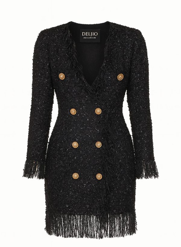 Double-Breasted Fringed Tweed Mini Dress - 00078