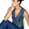 Luxury architectural embroidered denim vest and wide-leg trousers set in blue