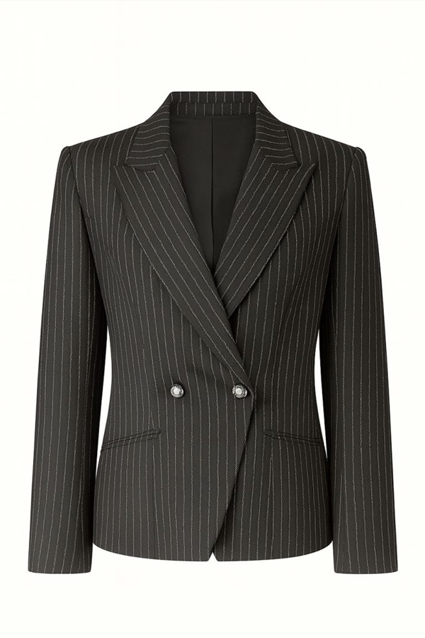 Caspienne Pinstripe Tailored Blazer features premium pinstripe tailoring, a structured double-breasted silhouette and timeless elegance for sophisticated business and occasion styling.