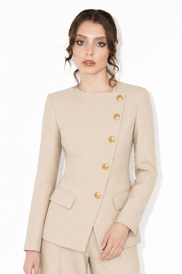 Luxury white Asymmetric Tailored Blazer with elegant asymmetric closure
