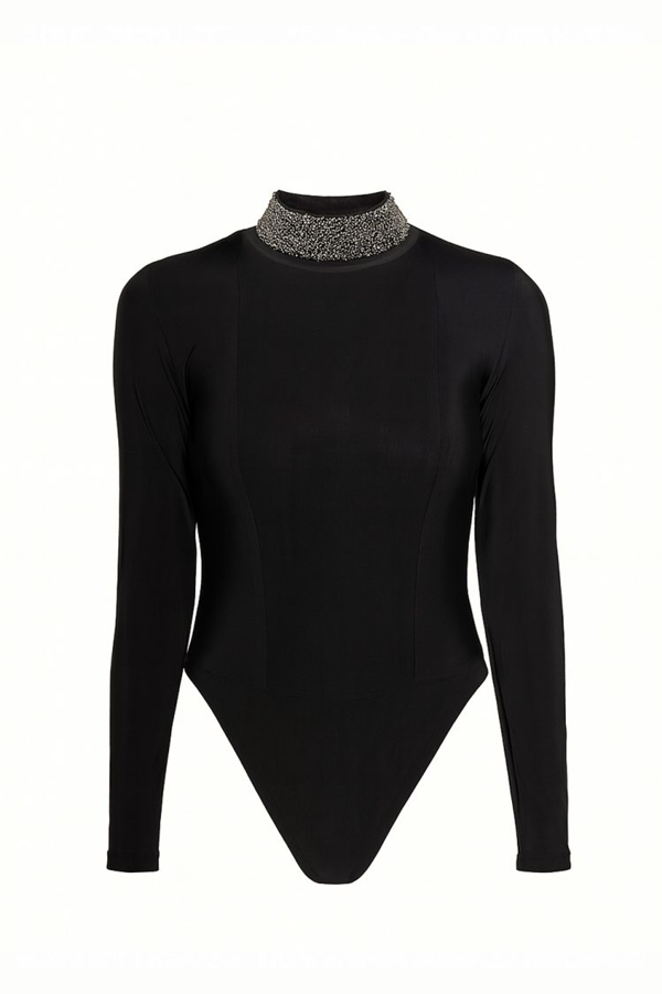 Crystal Embellished High Neck Bodysuit the premium design by Deljio