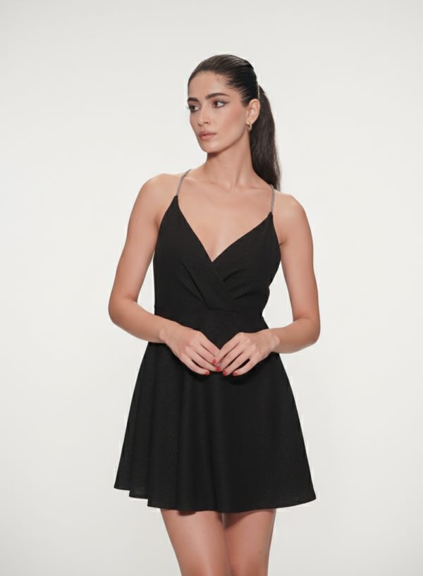 Black A-Line Mini Dress with Crystal Straps - 001313