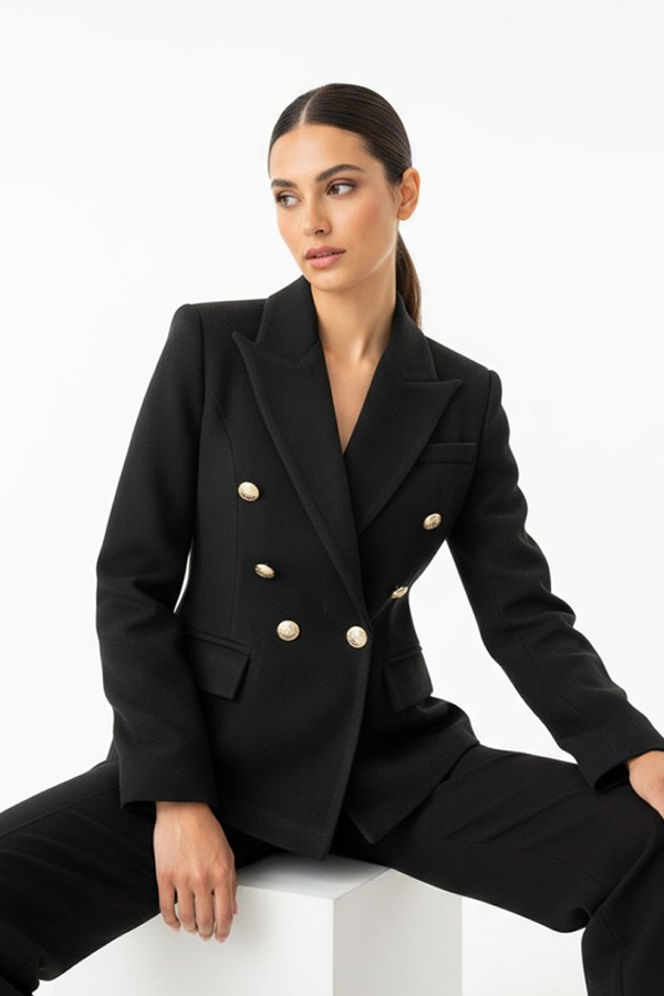 Winter Double-Breasted Blazer in black with structured tailoring and gold buttons