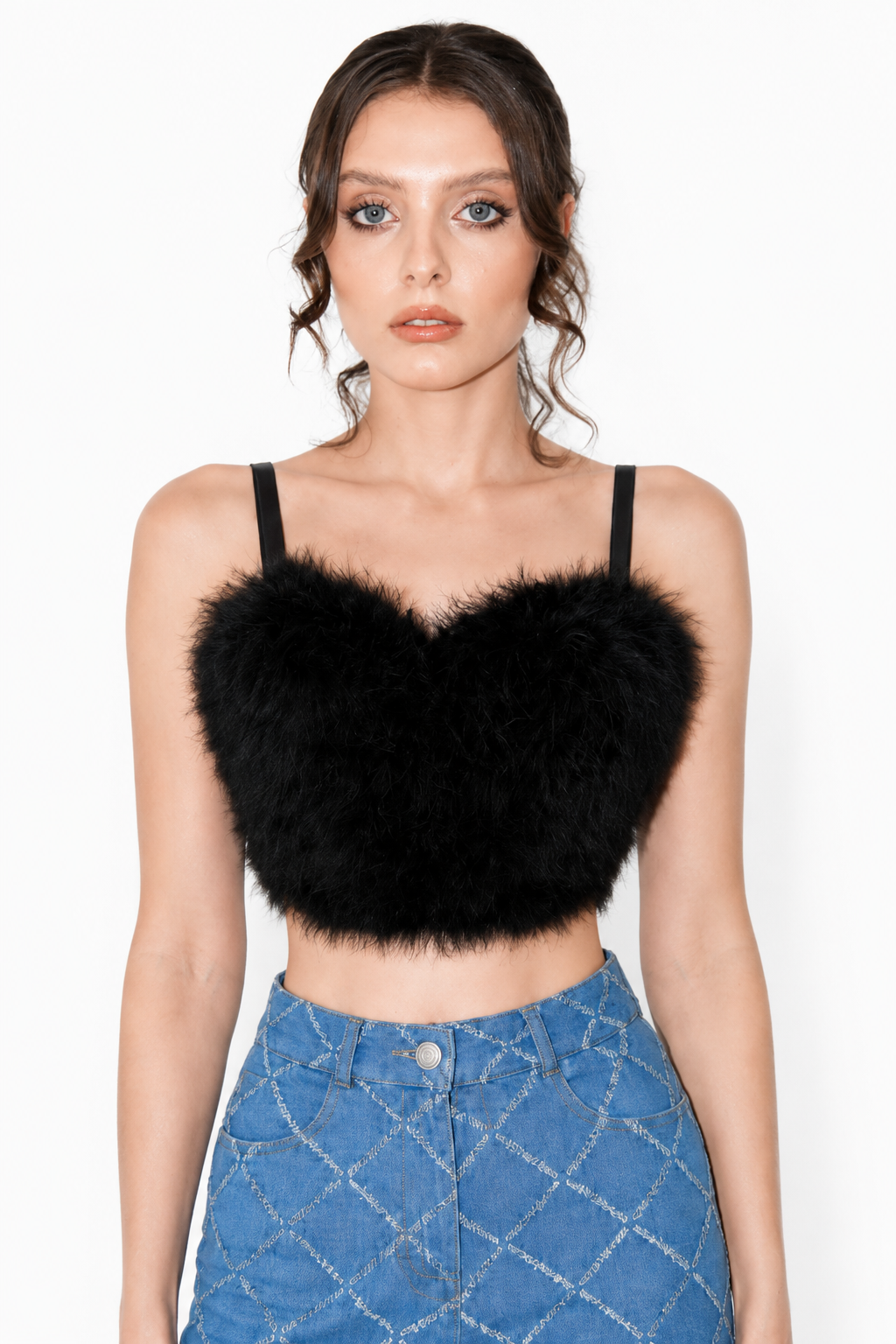 Virelia Feathery Heart-Shaped Cropped Bustier Virelia Feathery Cropped Bustier in black featuring luxurious faux fur texture