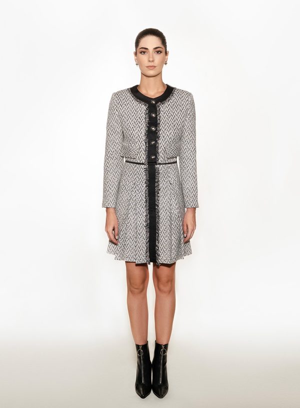 Houndstooth Knit Dress with Contrast Trim - 001152