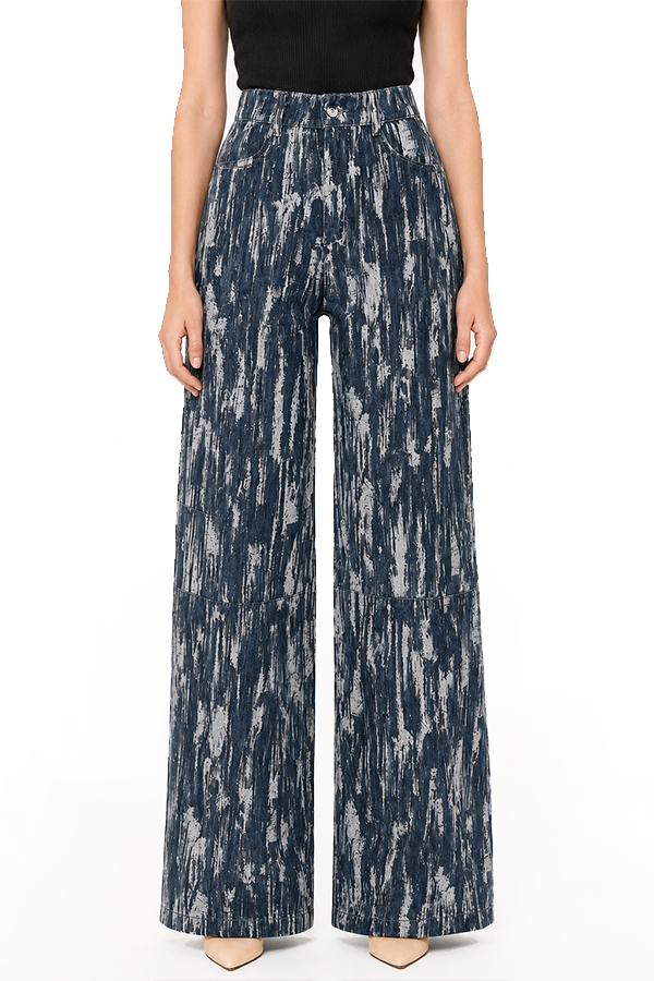 Midnight Canvas Wide-Leg Pants feature an abstract printed design, wide-leg silhouette, and refined tailoring for modern luxury styling.