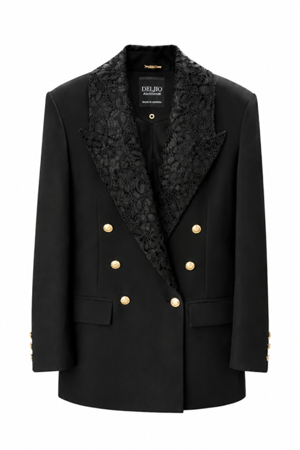 Black Sorelle Lace Lapel Blazer Dress with structured silhouette and floral lace detail