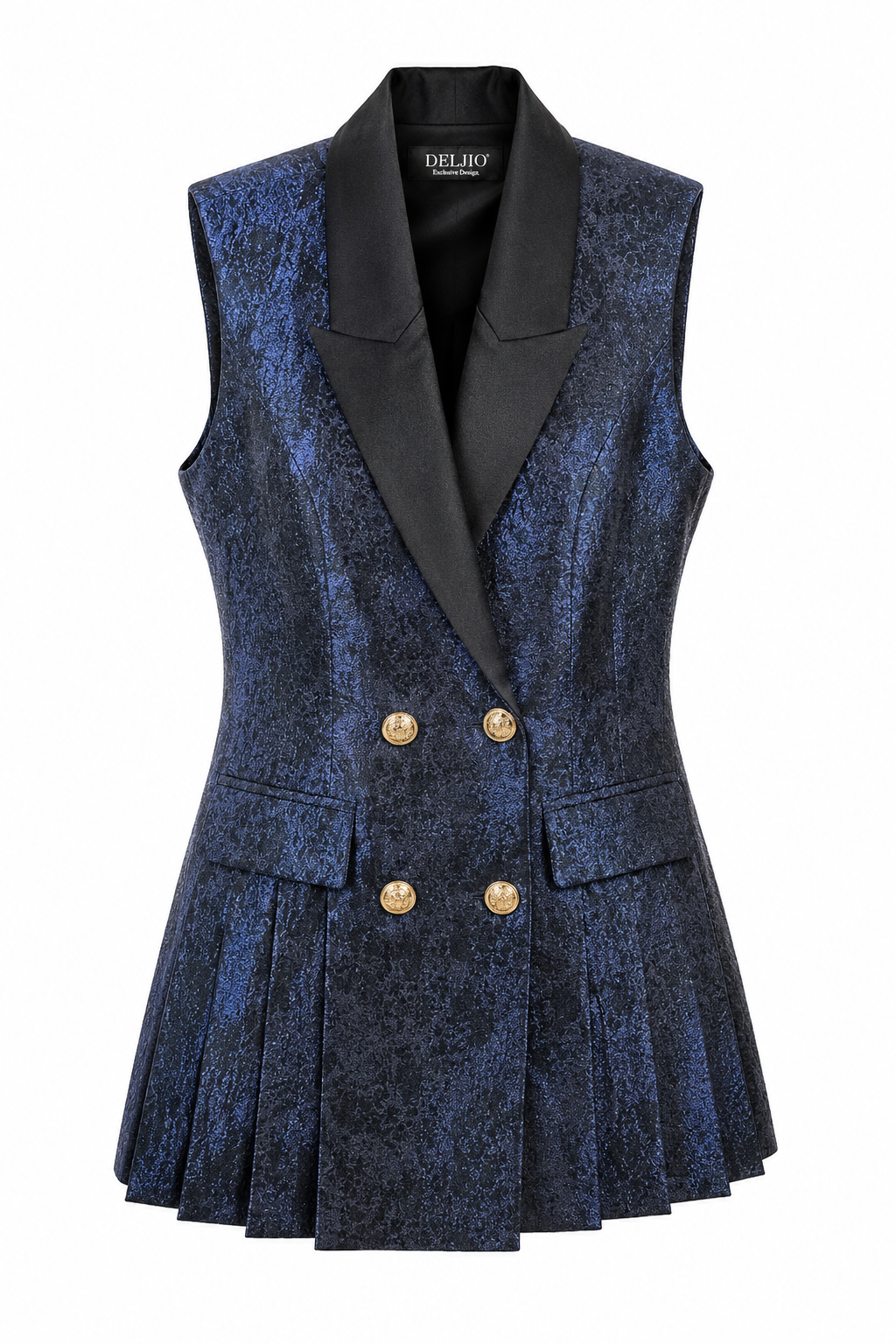 Nerina Jacquard Blazer Dress blends architectural jacquard fabric with a sleeveless tailored silhouette for a distinctive luxury statement piece.