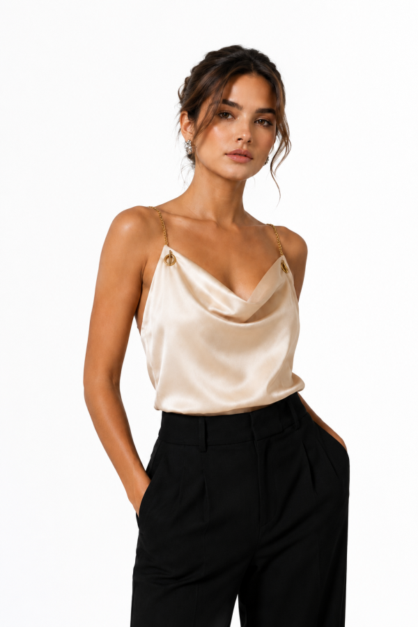 Lumière Satin Top features a fluid satin finish and elegant draped neckline, creating a timeless blouse for sophisticated day-to-evening styling.