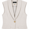 Cream sleeveless tailored vest with gold button and refined modern silhouette by Deljio