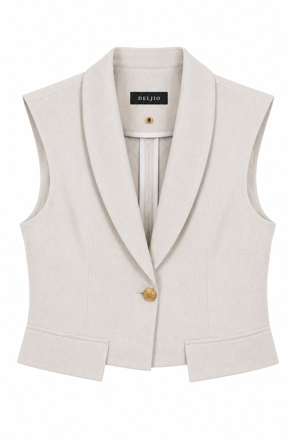 Cream sleeveless tailored vest with gold button and refined modern silhouette by Deljio