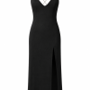 Women's minimalist black midi dress with high front slit