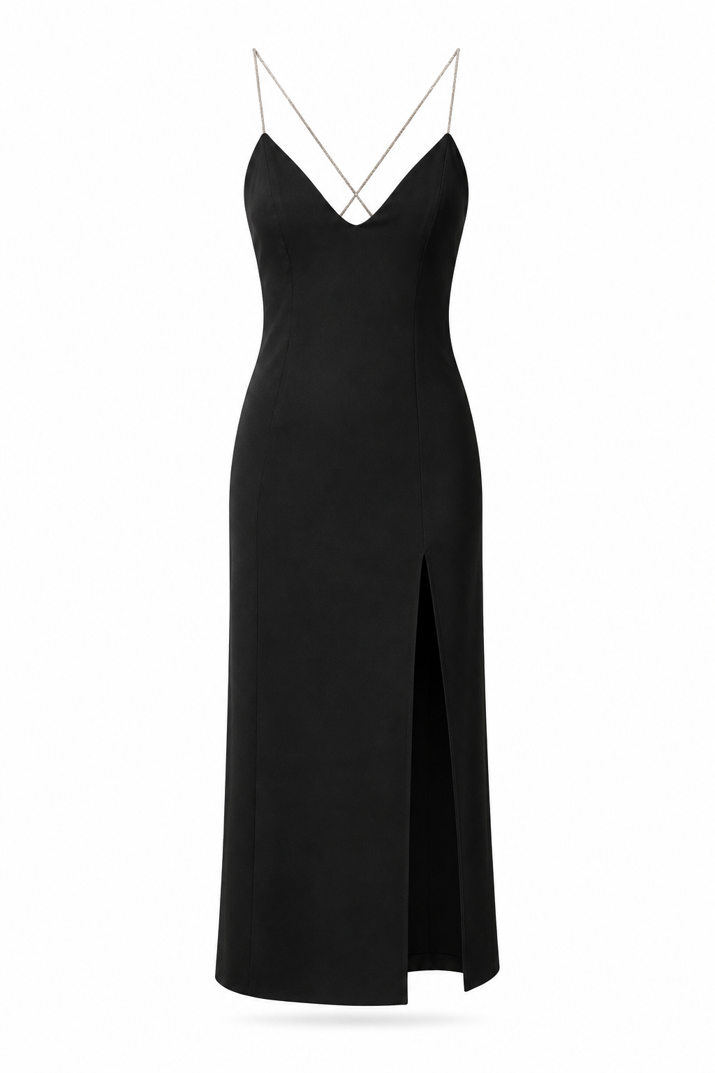 Women's minimalist black midi dress with high front slit