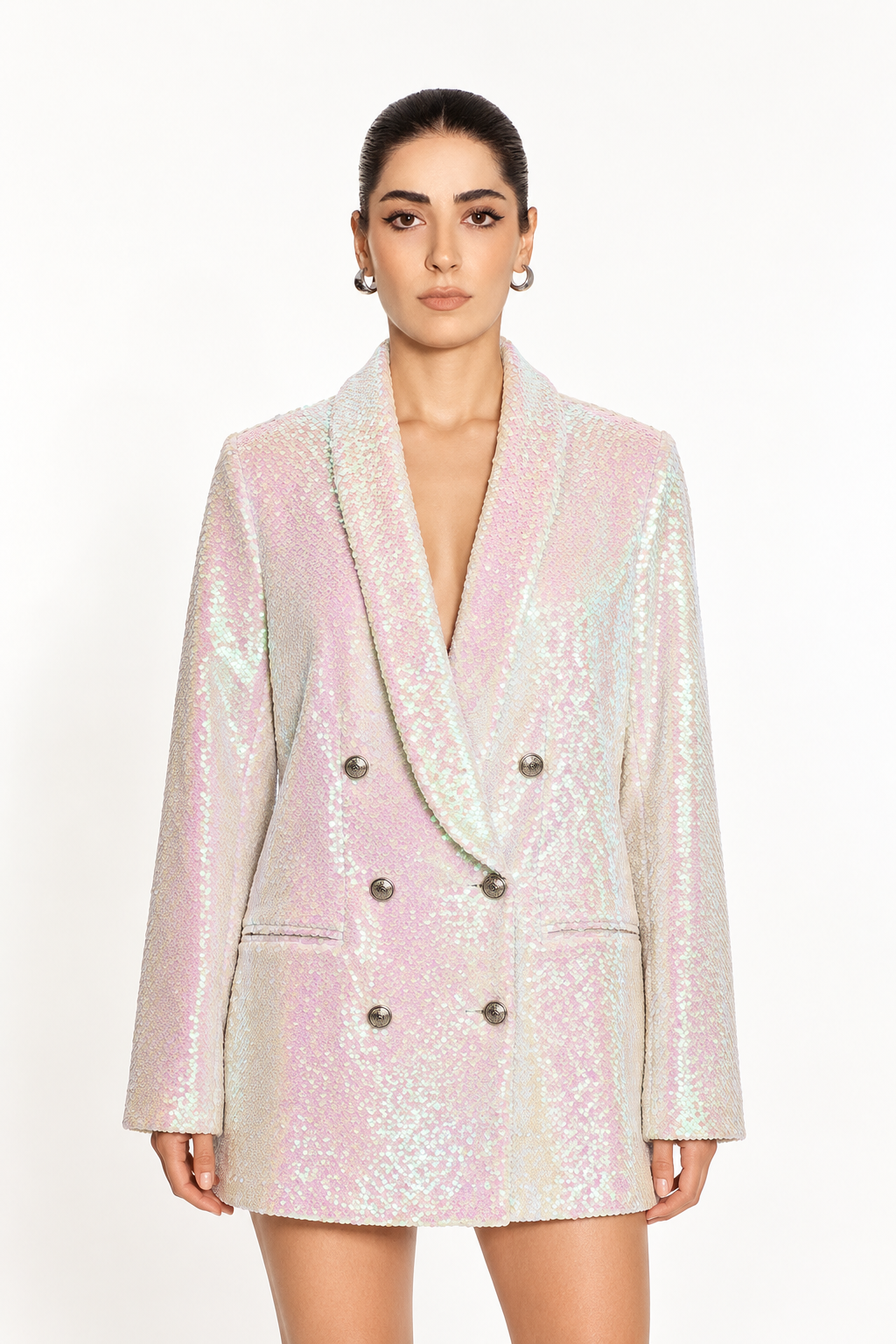 Elegant double-breasted sequin blazer dress with tailored silhouette