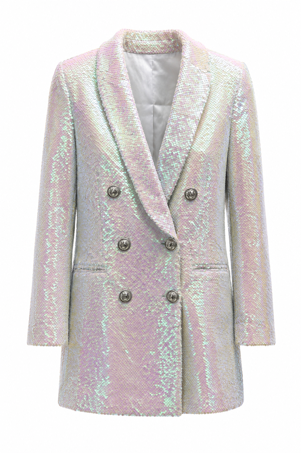 Premium evening blazer dress with iridescent finish and sophisticated tailoring