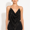 Deljio Elara black sequin draped evening top with chain straps