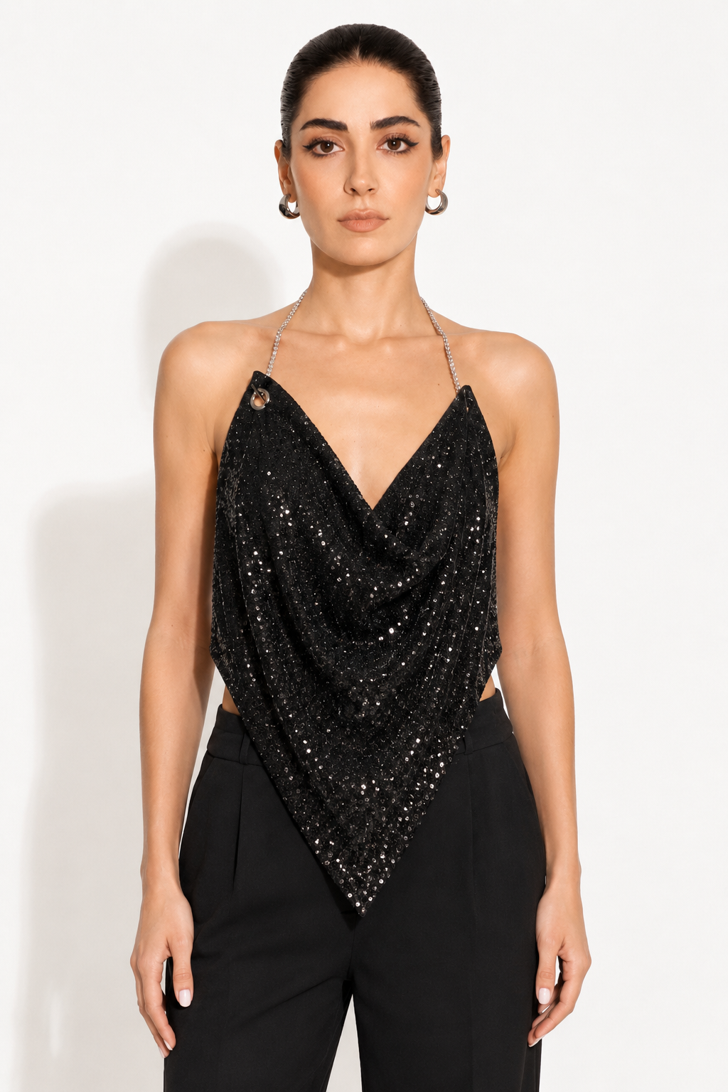 Deljio Elara black sequin draped evening top with chain straps