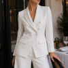 Women's elegant white textured blazer with structured fit and classic lapels