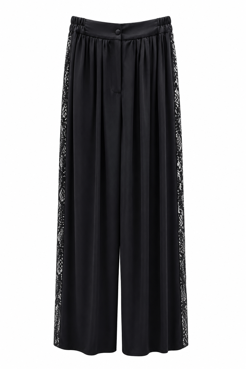 Premium black lace-panel trousers designed for sophisticated evening styling