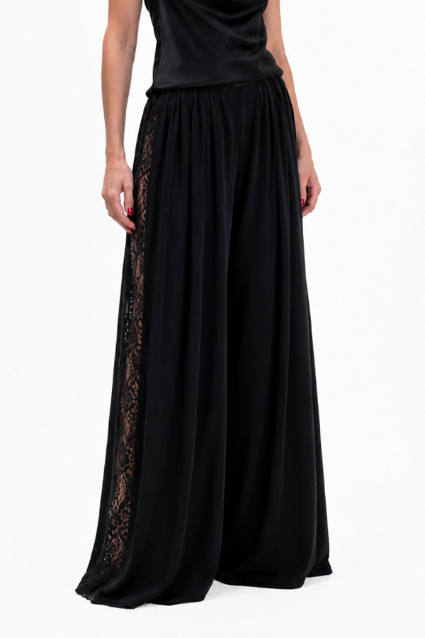Deljio Leonia Lace-Panel Trousers with relaxed wide-leg silhouette