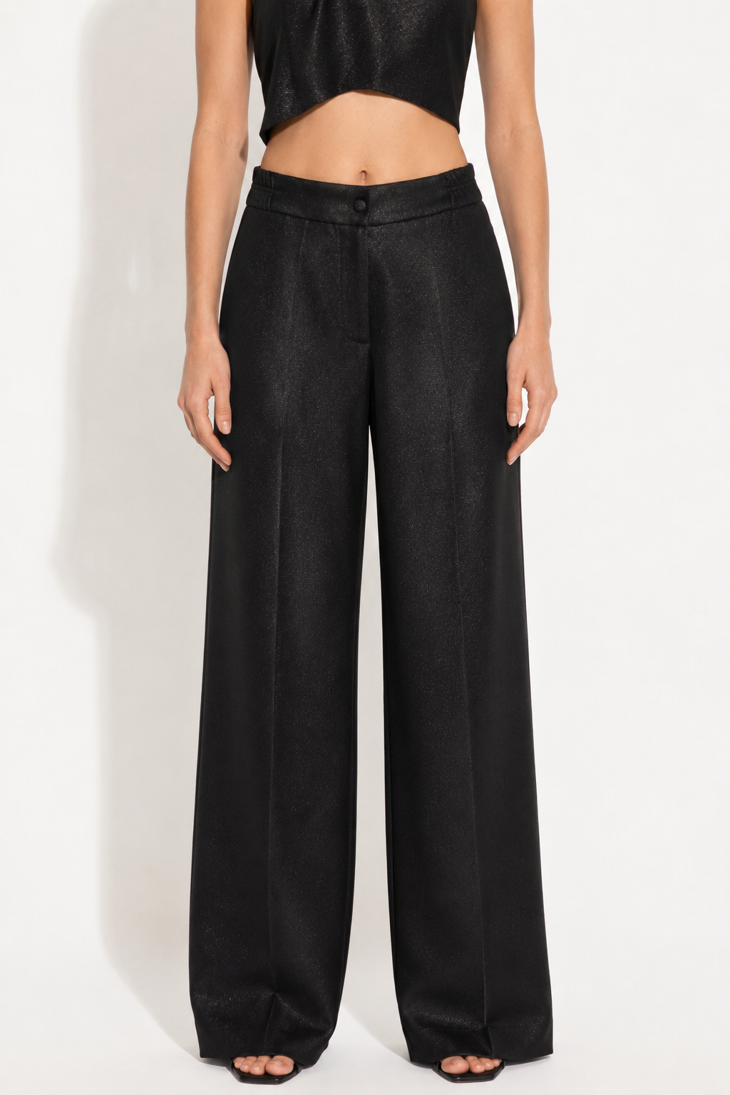 Premium black tailored trousers with flowing wide-leg silhouette