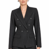Aveliora Pinstripe Double-Breasted Blazer Aveliora pinstripe double-breasted jacket in charcoal grey with tailored fit