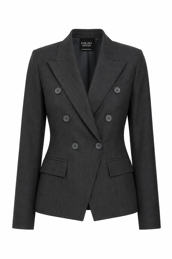 Luxury women’s double-breasted pinstripe jacket with peak lapels