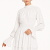 Avenor Gathered Mini Dress 1 Women's gathered white dress with flared cuffs and soft draping