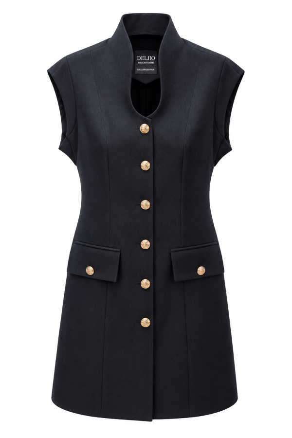 Black structured mini dress with gold-button flap pockets