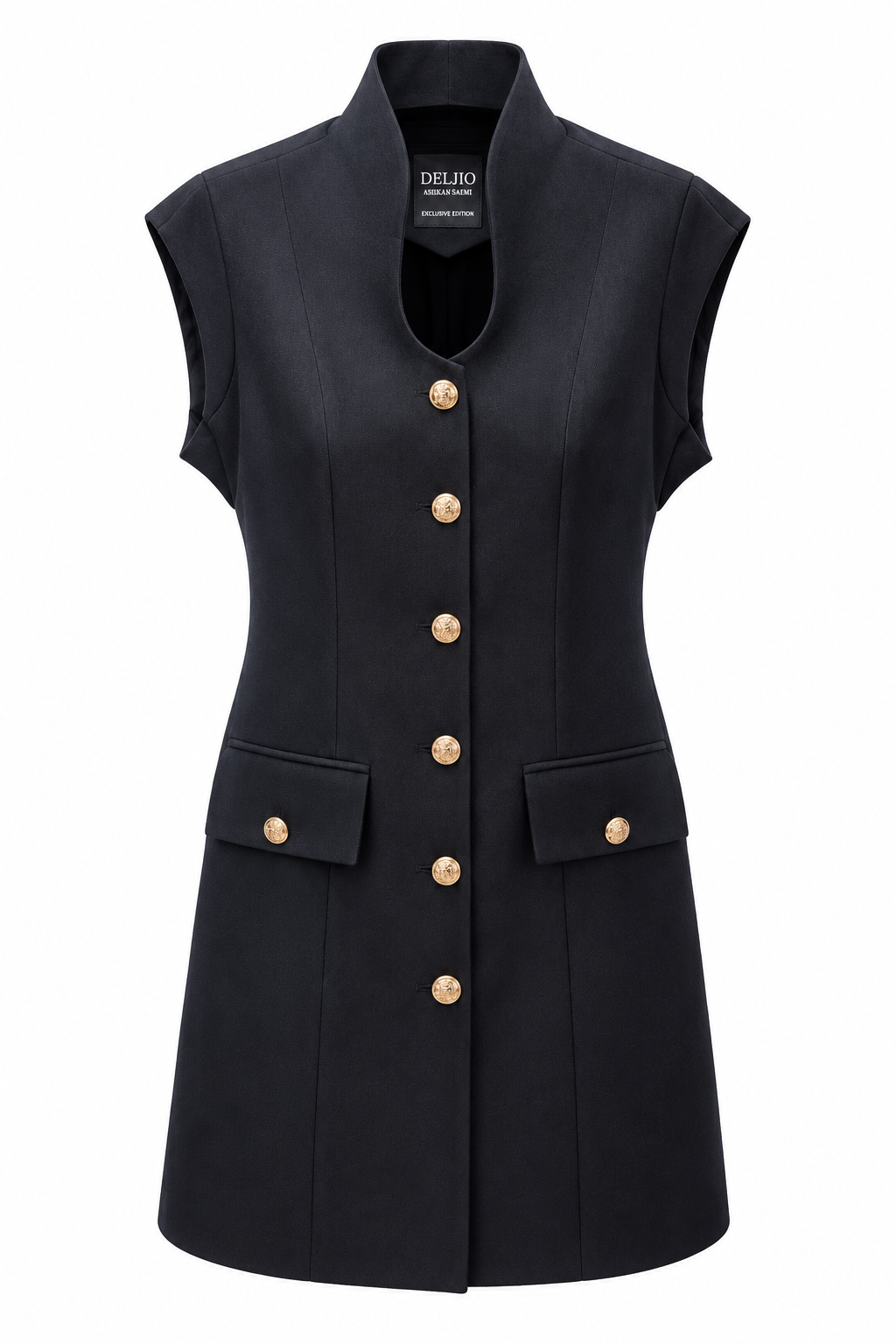 Black structured mini dress with gold-button flap pockets