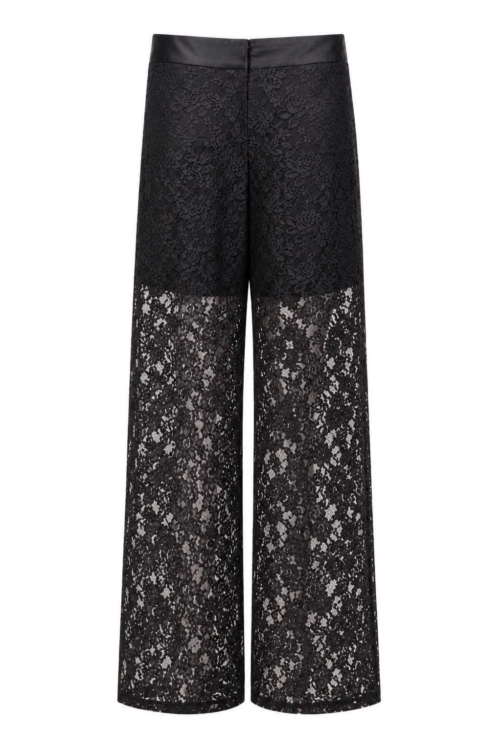 Premium high-waisted black lace trousers with elegant wide-leg silhouette.