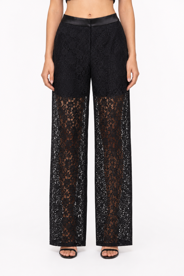 Luxury black wide leg lace trousers with floral lace design.