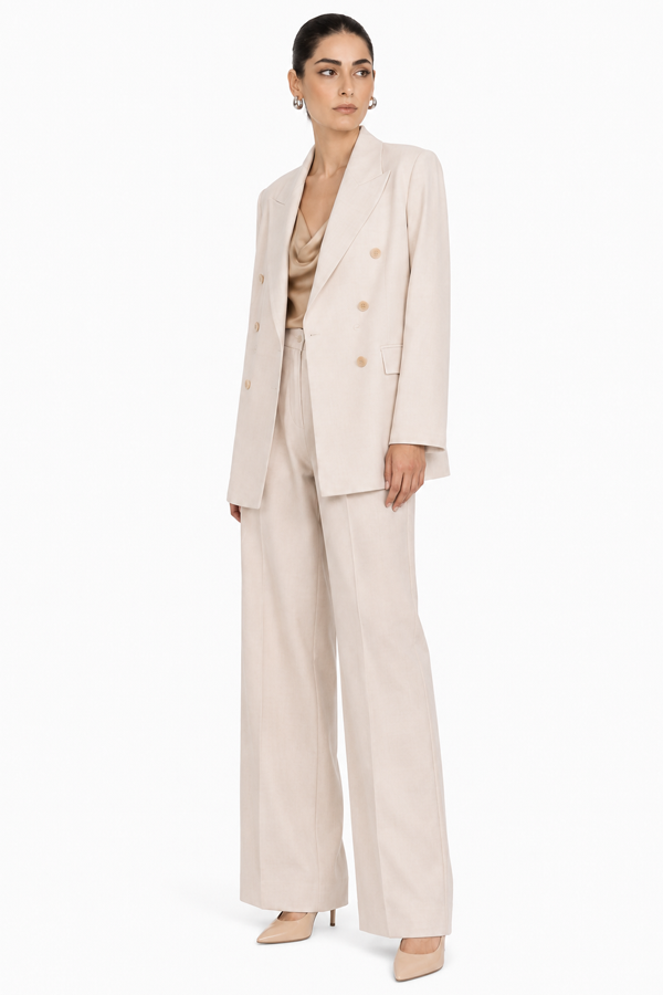 Discover the Elvaria Double-Breasted Tailored Blazer, featuring refined tailoring, an elegant ivory tone, and a timeless silhouette for luxury styling.