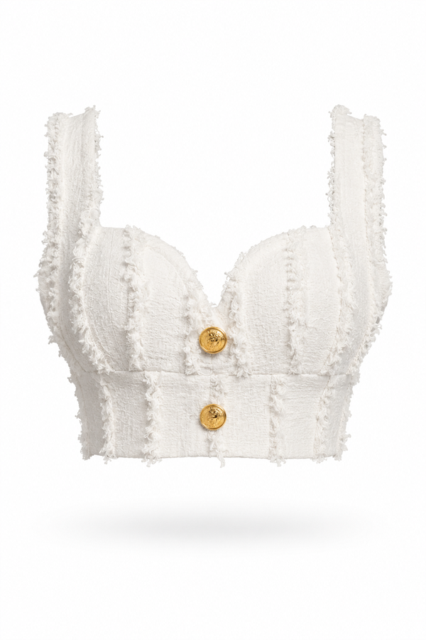Évoraine Fringed Tweed Crop Top in textured white tweed