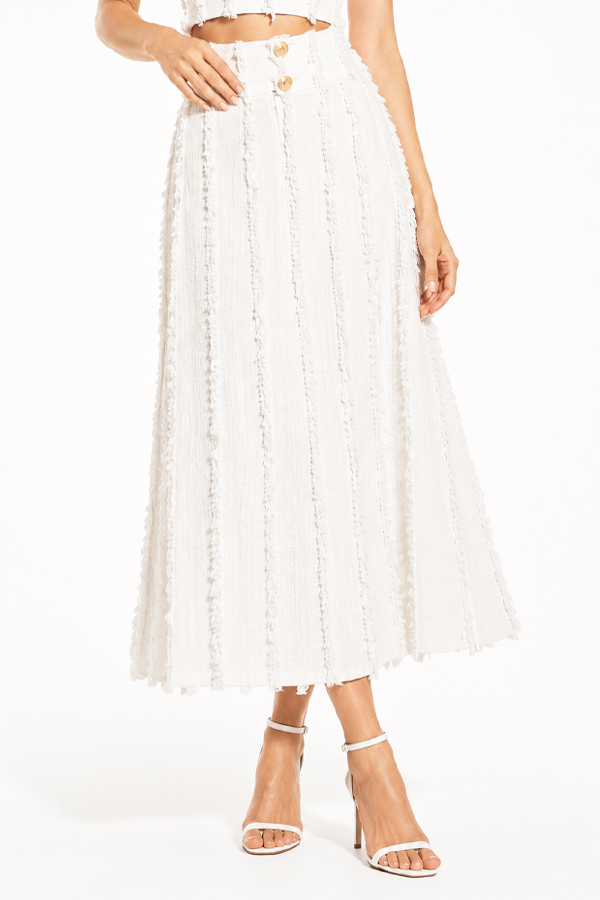 Évoraine Fringed Tweed Midi Skirt in textured white tweed