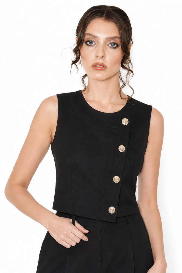 Kaevra cropped vest in black with gold-tone button details