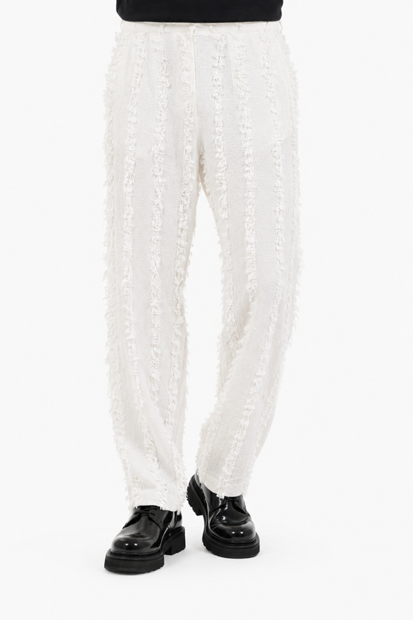 Lucien Textured Straight-Leg Trousers in off-white with vertical fringe detailing