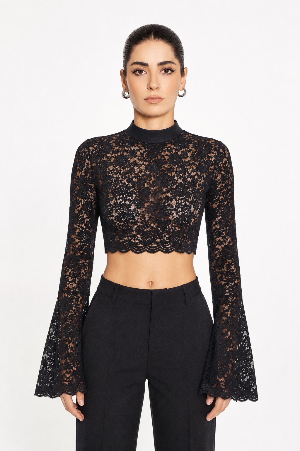 Luxury black floral lace crop top with high neckline and flared sleeves.
