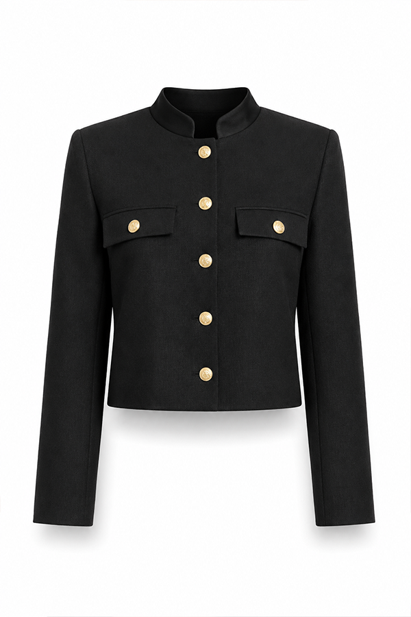 Olyssia Military Crop Jacket with stand collar and gold-tone buttons