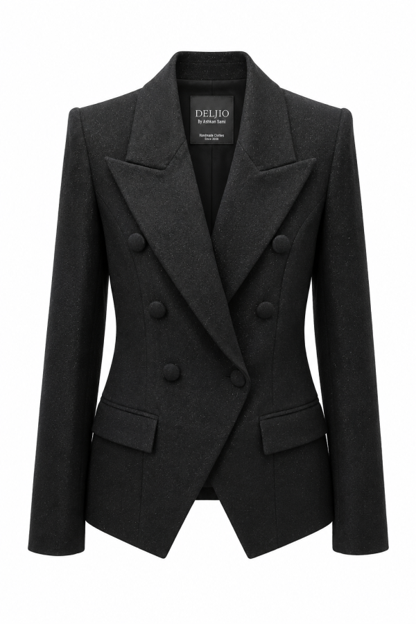 Luxury black double-breasted tailored blazer with covered buttons and peaked lapels.