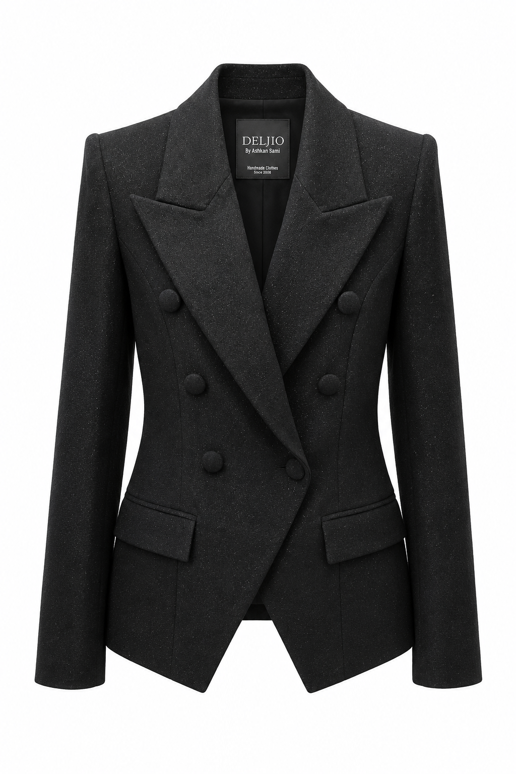 Luxury black double-breasted tailored blazer with covered buttons and peaked lapels.