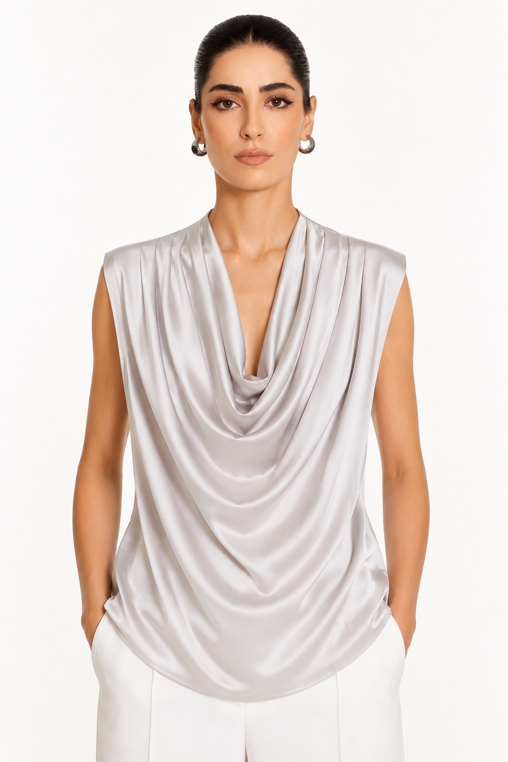 Luxury pearl white Drape-Blouse blouse.