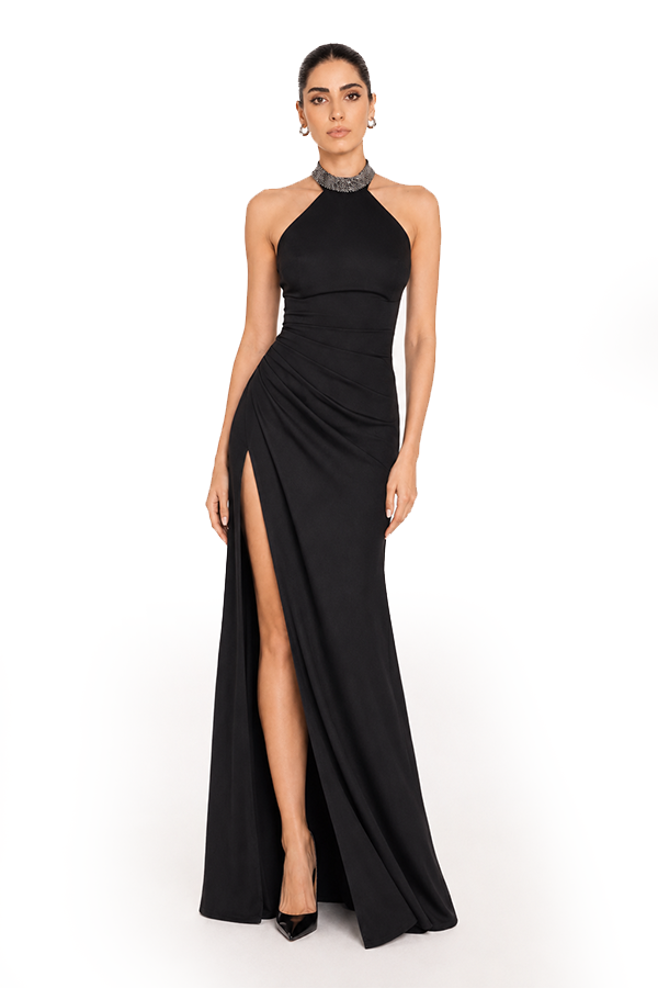 Sorevane Crystal Halter Evening Dress with crystal embellished halter neckline