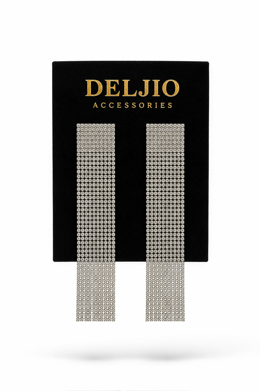 Lumera Crystal Fringe Earrings displayed on black velvet DELJIO card