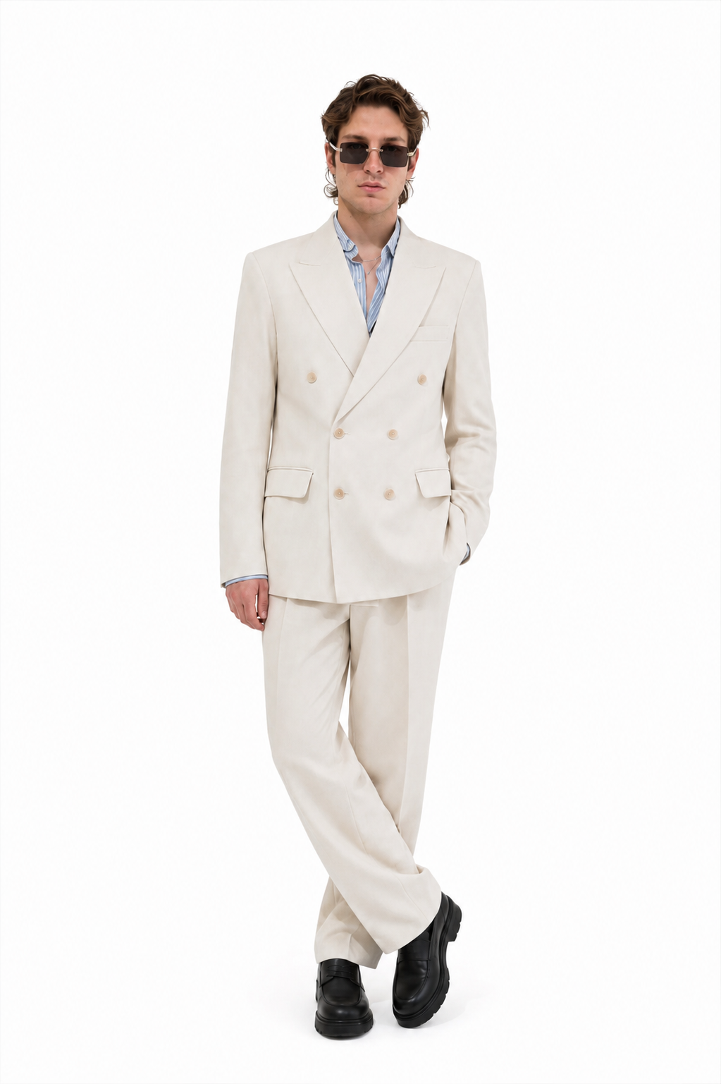The Regent Double-Breasted Blazer styled with matching tailored trousers
