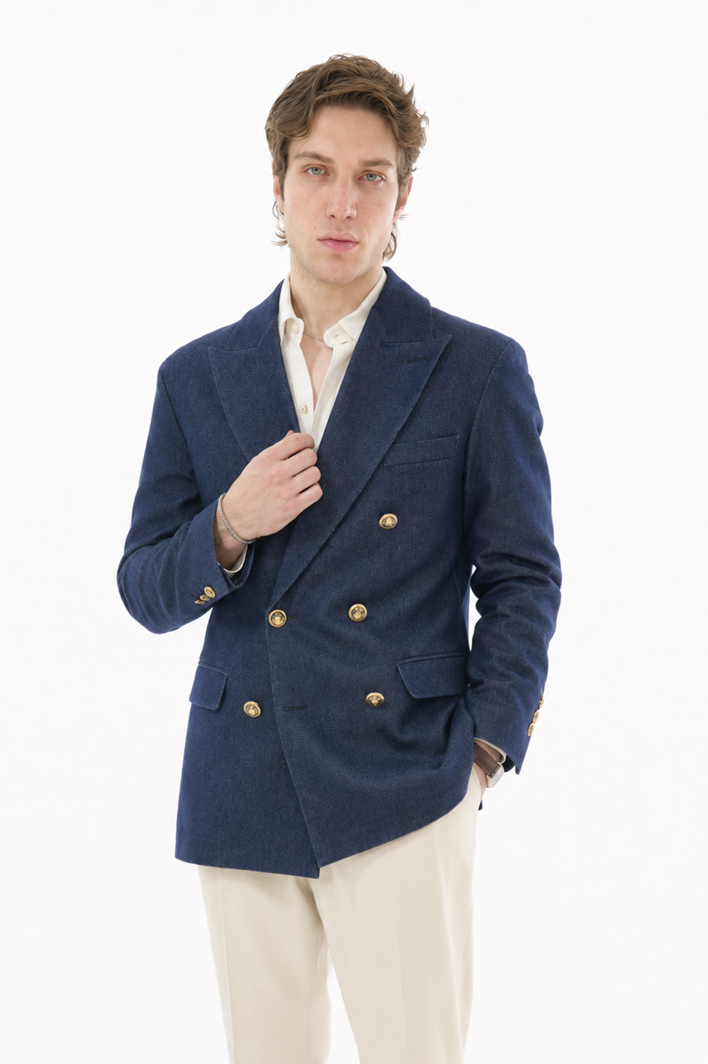 VARENN Tencel Blazer in blue with cream tailored trousers