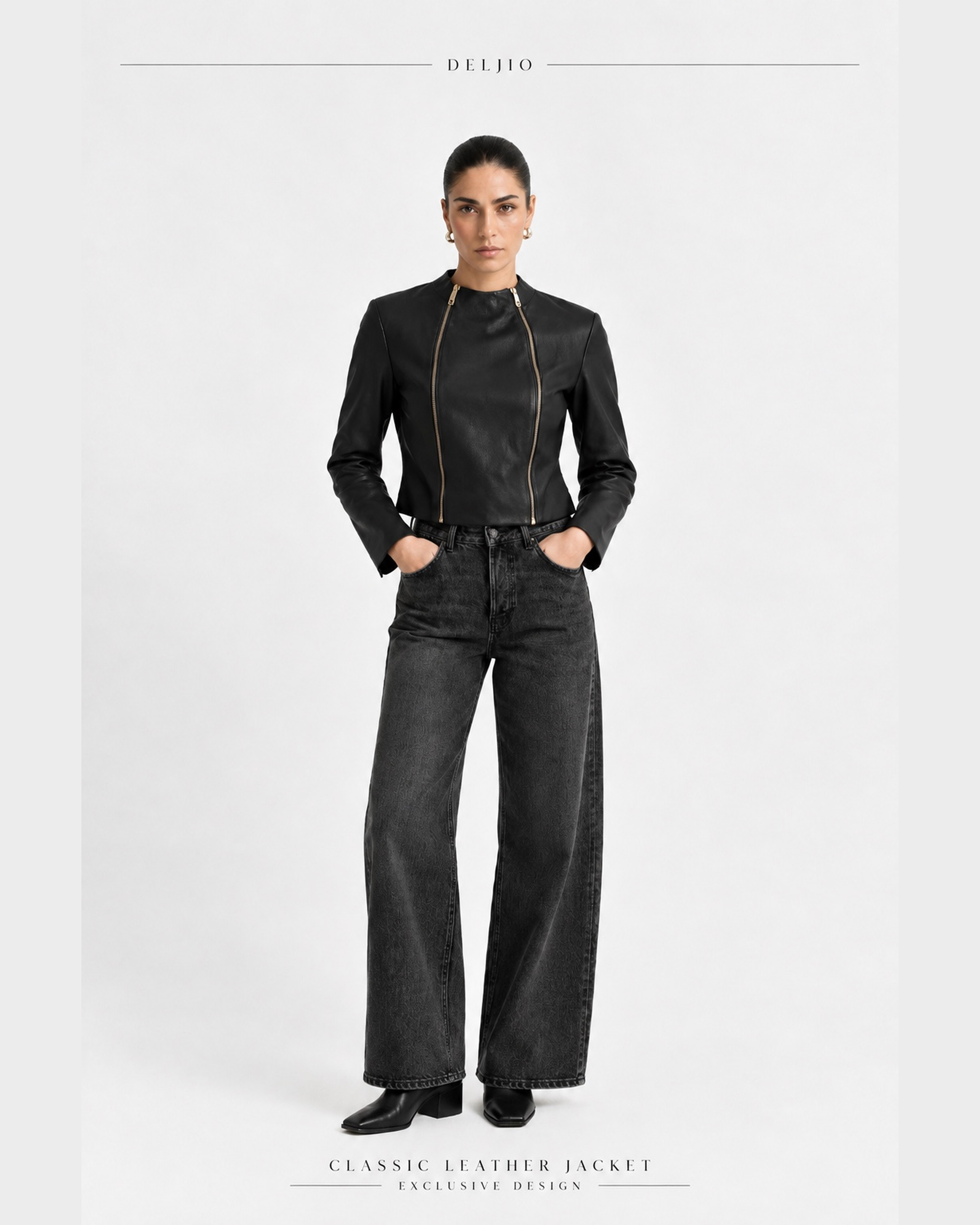 DELJIO Classic Fitted Leather Jacket in Black - Full-Length View