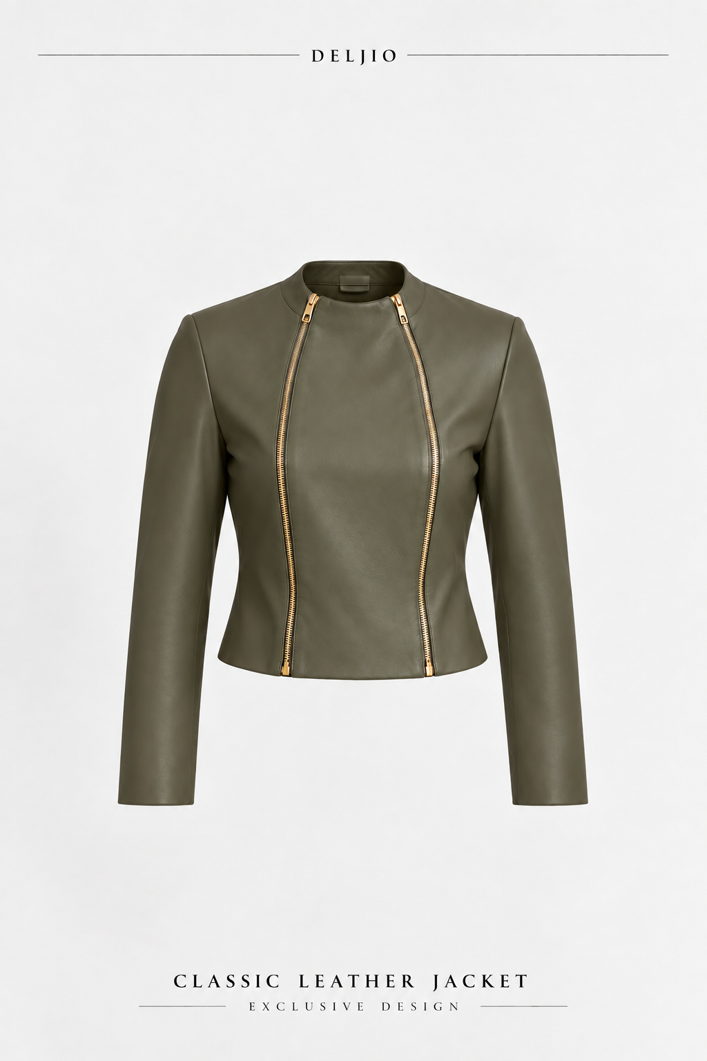 DELJIO Classic Fitted Leather Jacket in Olive